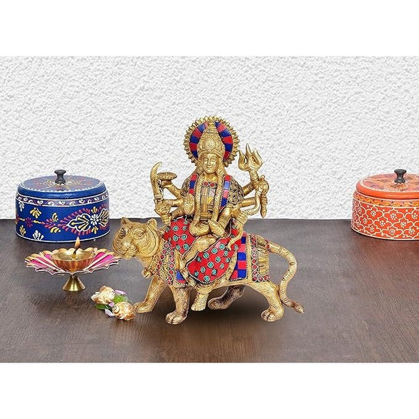 Brass Mother Goddess Durga Statue Sitting on Vehicle, Height 8 inch Mandir Setting