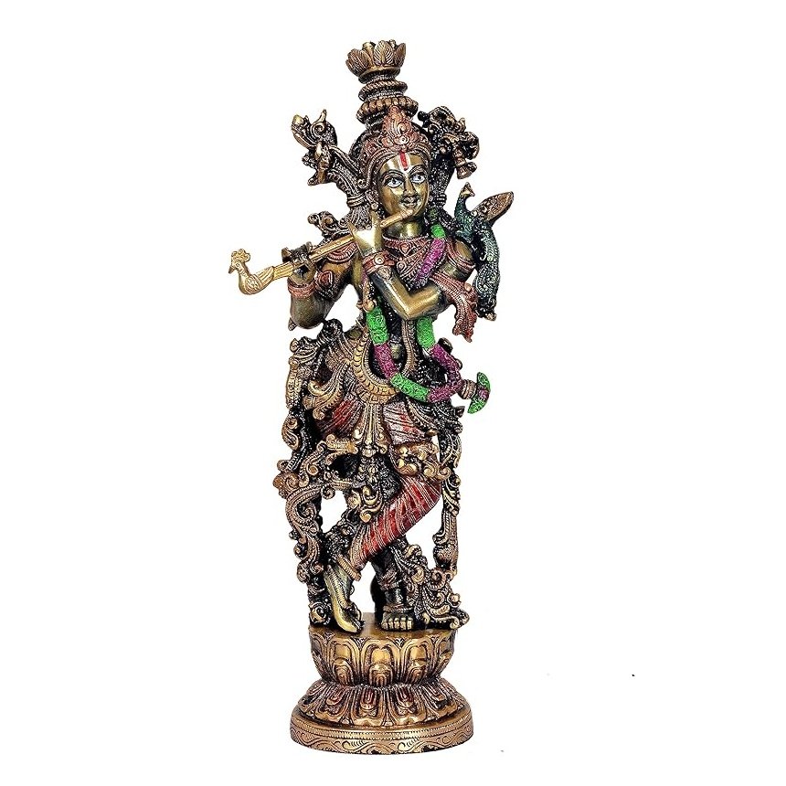 Brass Krishna Statue with Eye Work (Height: 14 inches)