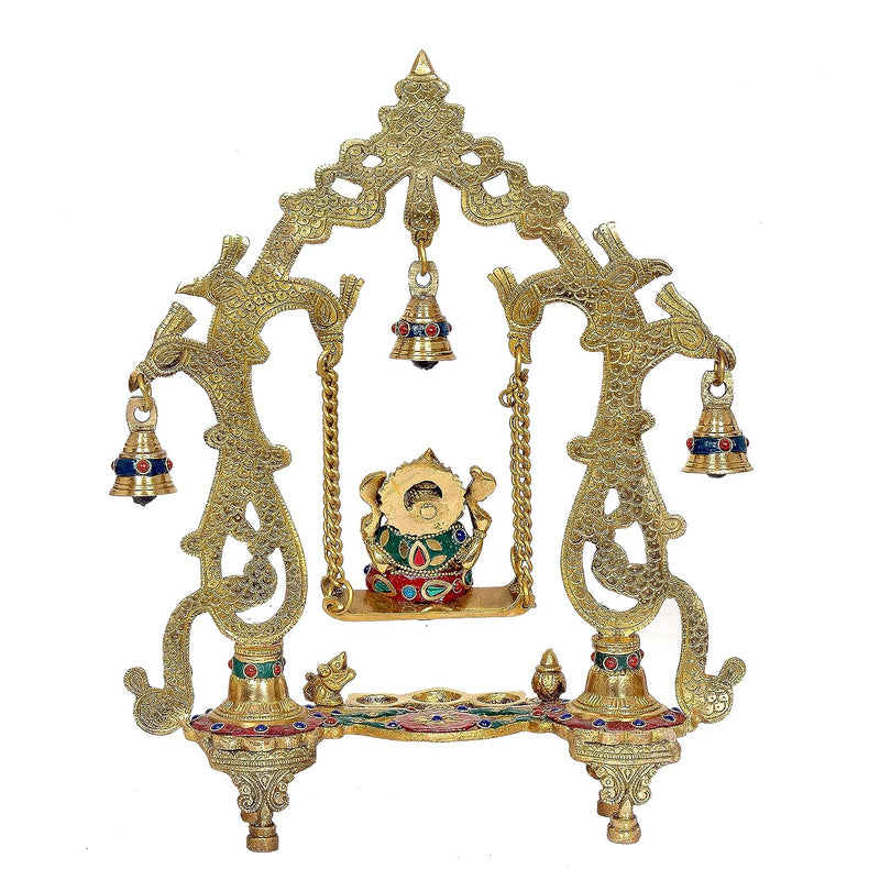 Brass Ganesha Swing Diya with Bell Frame (Height : 14 Inches)