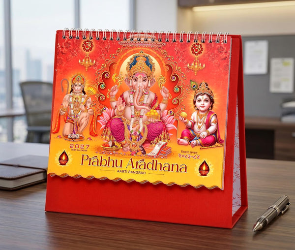 Table Top Prabhu Aradhana Desk Standing Calendar For Home and Office Table Calendar 2027 (Height:8.5 Inches) Mandir Setting