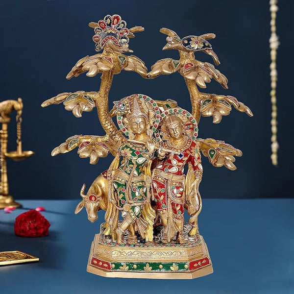Brass Radha Krishna with cow under the Tree idol (Height : 18 inches) Mandir Setting