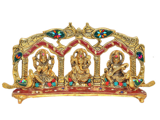 Metal Laxmi Ganesh Saraswati Idol with peacock frame (Height: 6 Inch)