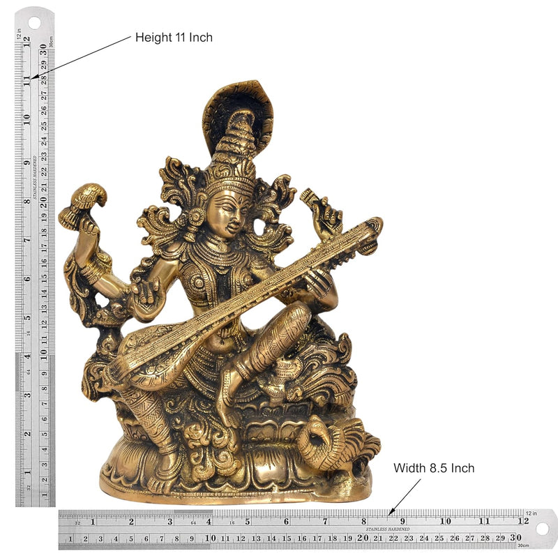 Brass Maa Saraswati Statue - Handcrafted Hindu Goddess Saraswati Idol for Home Decor and Pooja (Height 11 Inch)