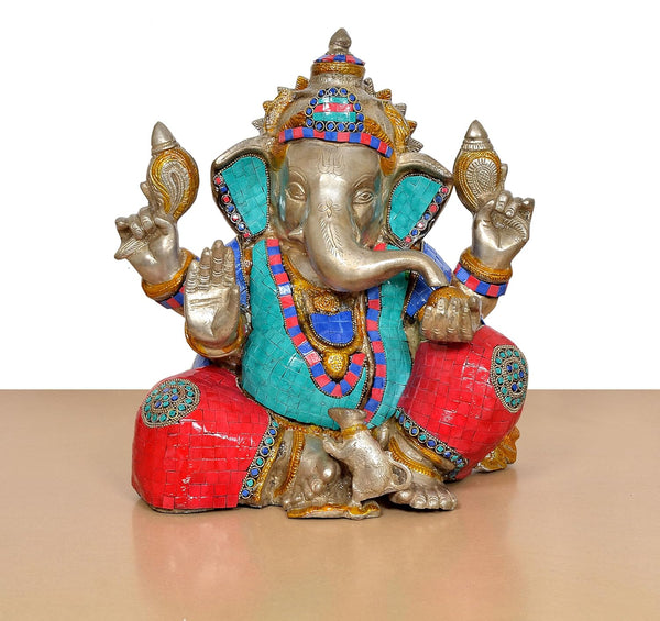 Brass Handcrafted Ganpati Bappa Murti (Height: 13.5 inch) Study Setting