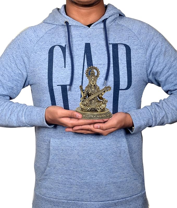 Fine Brass Goddess Saraswati Idol Suited for School Bag (Height: 4.5 Inch)