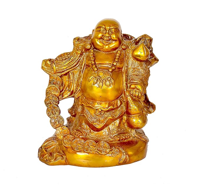 Brass Laughing Buddha Statue for good luck (Height: 10 inches)