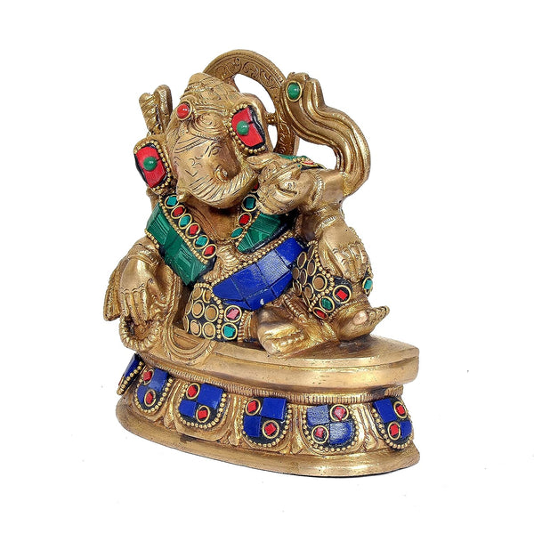 Brass Ganesha Eating Ladoo on Asan (Height: 5 Inches) Entryway Setting