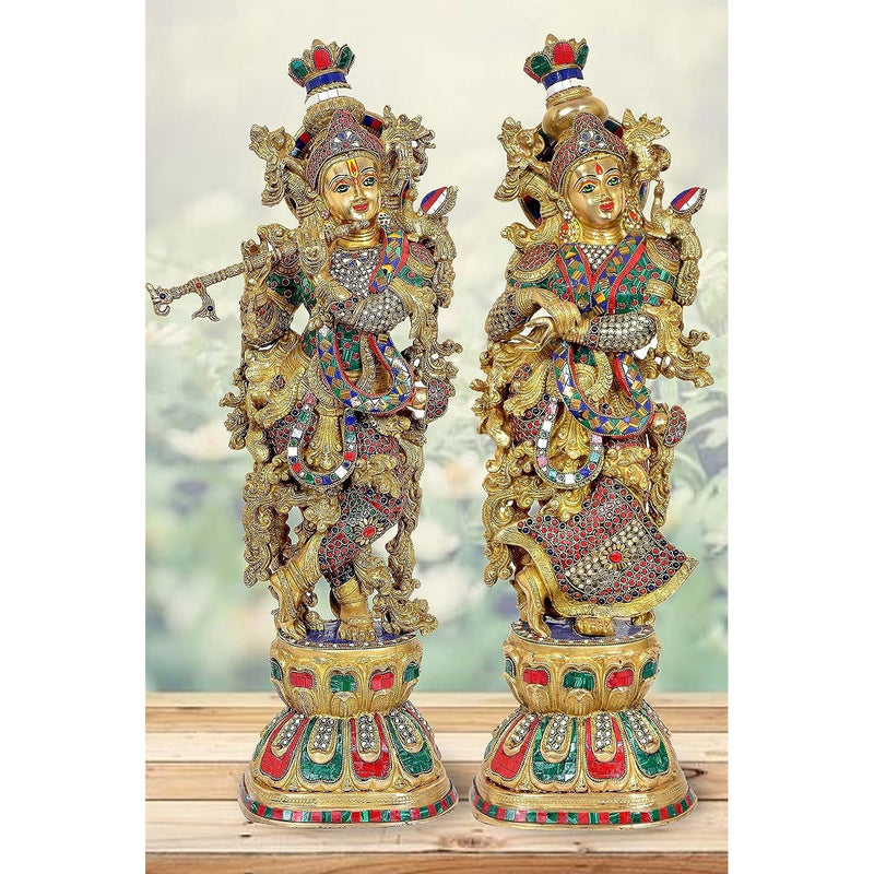 Brass Radha Krishna Murti with eye work (Height : 29 inches)