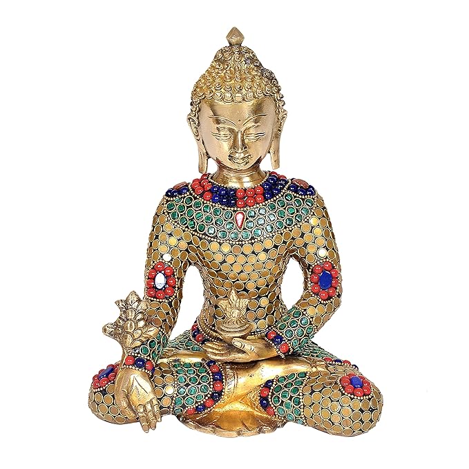 Brass Buddha Idol with detailed stone work (Height: 9 inches)
