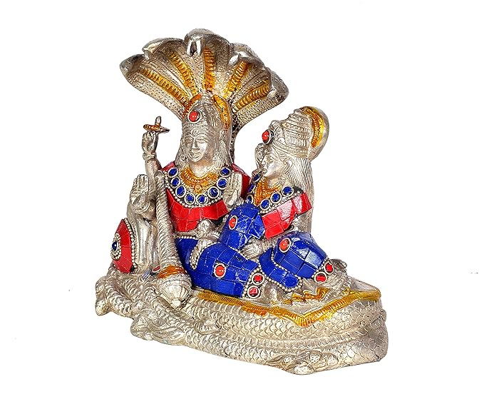 Brass Vishnu Lakshmi Sitting on SheshNaag Idol (Height: 6.4 Inches)