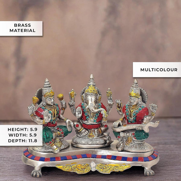 Brass Ganesh Lakshmi Saraswati silver colour (Height: 7 inches) Entryway Setting
