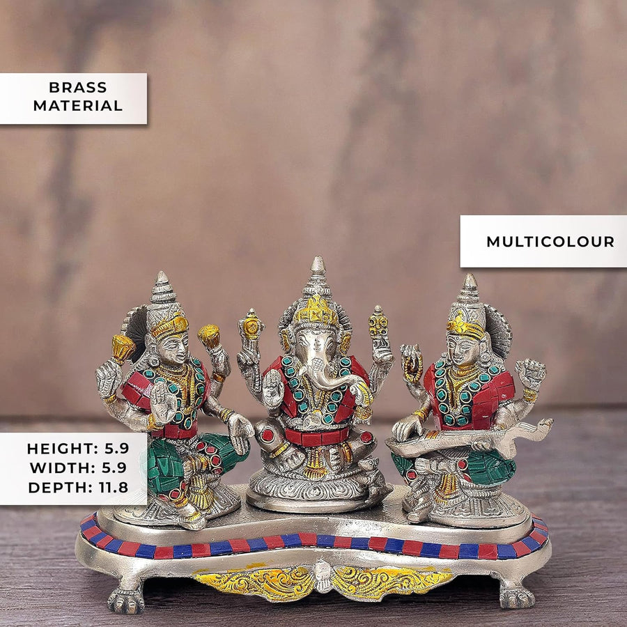 Brass Ganesh Lakshmi Saraswati silver colour (Height: 7 inches) Craft Detail