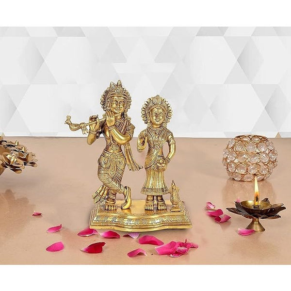 Brass Radha Krishna Murti (Height: 8.5inches) Mandir Setting