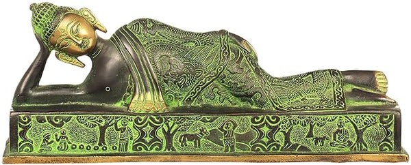 Brass Buddha Statue in Reclining Position (Width: 12 Inches) Mandir Setting