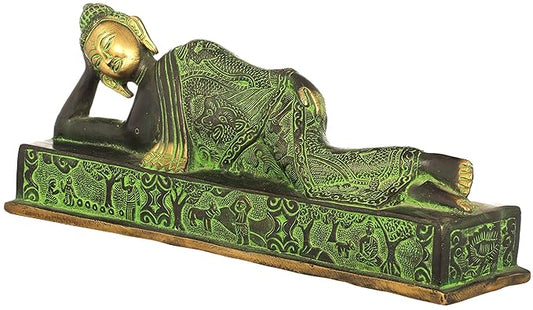 Brass Buddha Statue in Reclining Position (Width: 12 Inches)