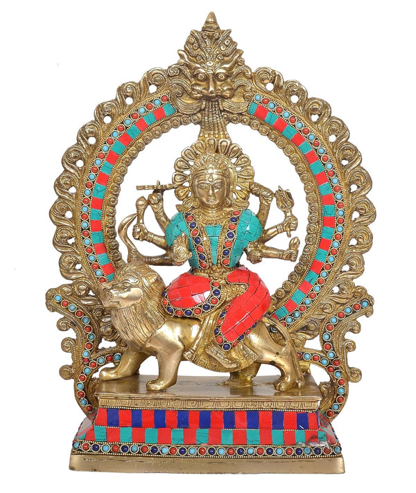 Brass Durga Maa with Lion Statue (Height: 14.5 Inches) Study Setting