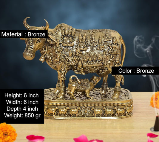 Bronze Kamdhenu Cow with Calf God Figure Murti (Height: 6 Inch)