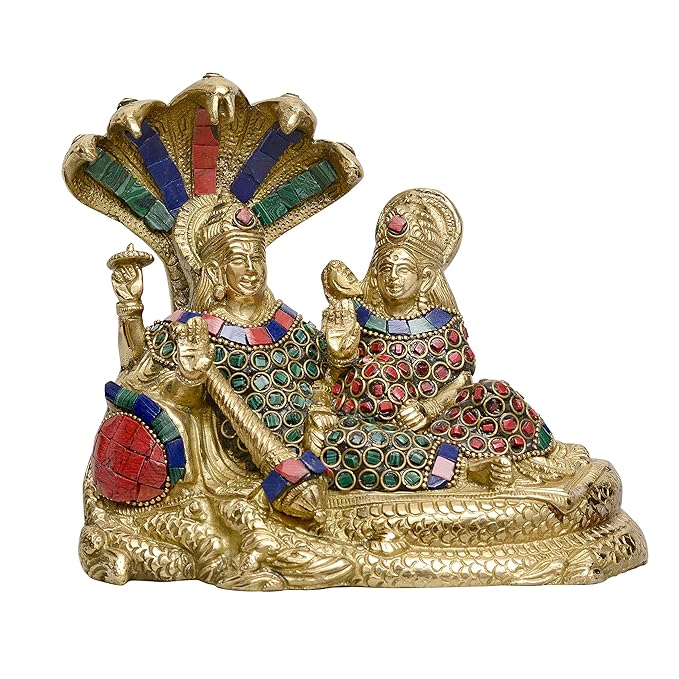 Brass Vishnu Lakshmi Sitting on SheshNaag Idol (Height: 6.4 Inches)
