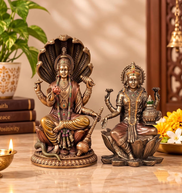 Resin Lord Vishnu with Goddess Lakshmi Seated on Sheshnag | Decorative Hindu Idol for Home, Mandir & Pooja Room Décor (Height: 4 Inches) Mandir Setting