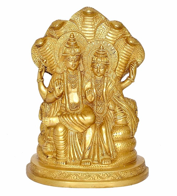 Brass Lord Vishnu with Maa Lakshmi On Sheshnag Idol Statue - (Height 9 inch) Craft Detail