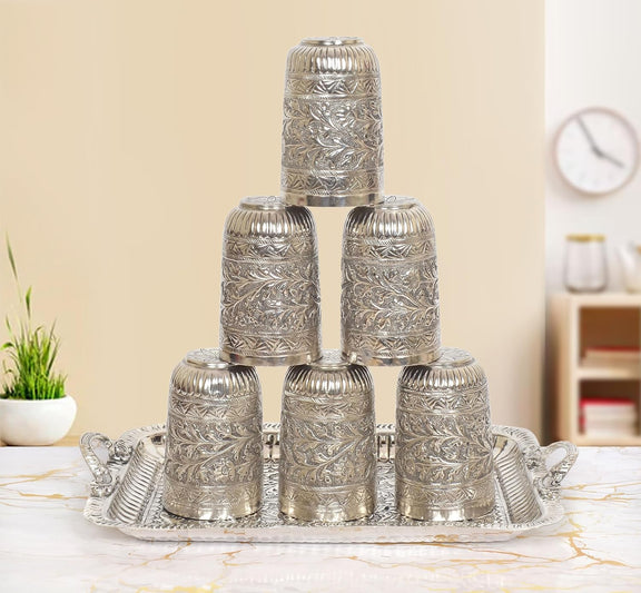 AONA Brass Silver Plated Six Glass and One Tray for Home Kitchen