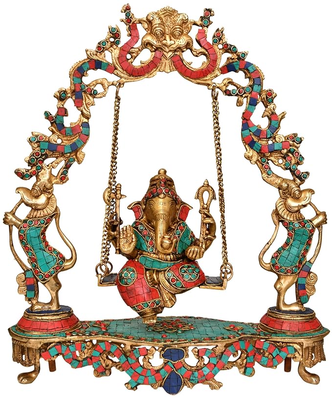 Brass Lord Ganesha Idol On a Swing Height 18 inches Craft Detail