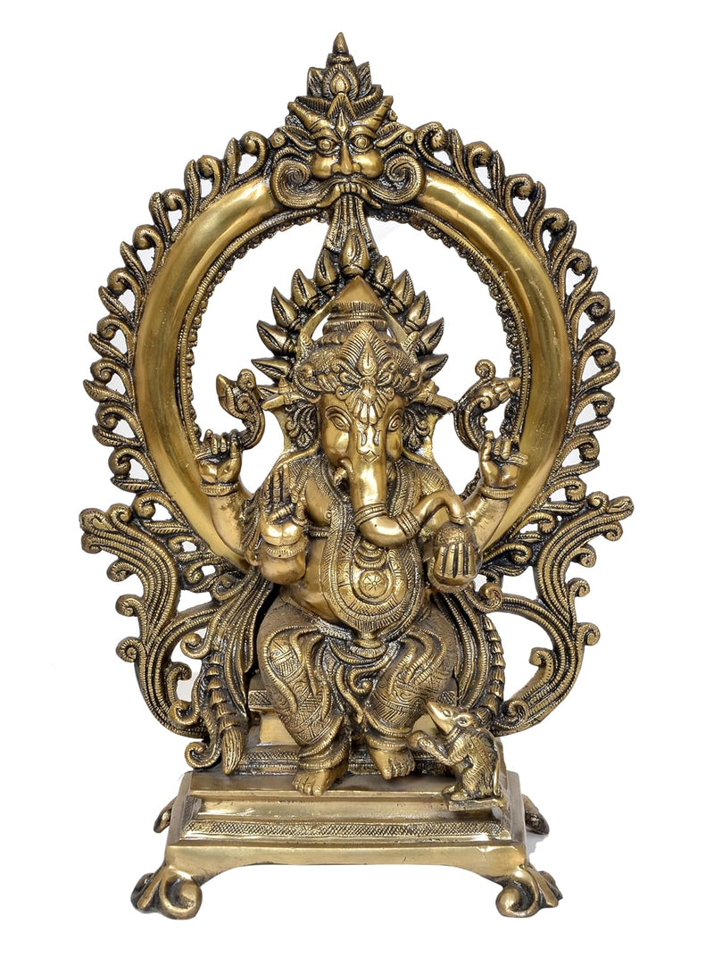 Natural Brass Lord Ganesha Kirtimukha on Throne Idol (Height 16 Inch)