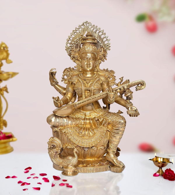 Brass Maa Saraswati Statue - Handcrafted Hindu Goddess Saraswati Idol for Home Decor and Pooja (Height 25 Inch) Mandir Setting