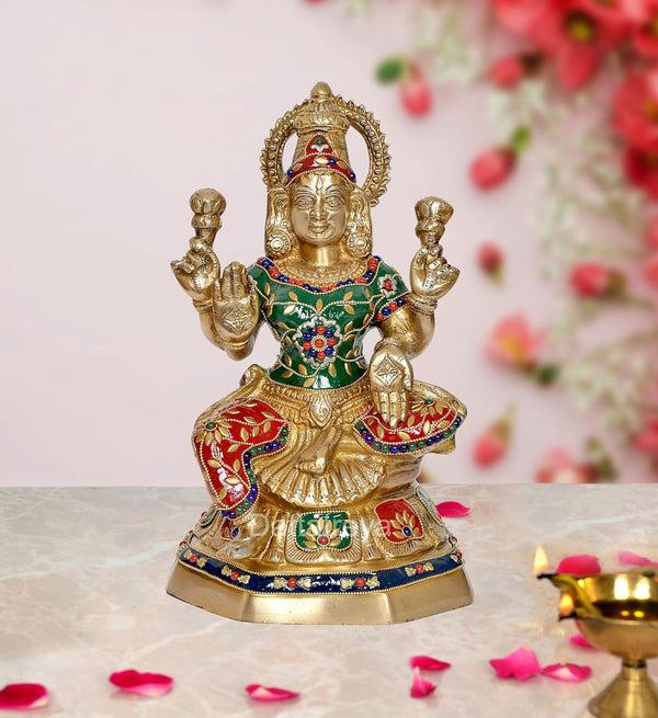 Brass Lakshmi Statue - Goddess Laxmi Idol for Home Decor and Pooja - Hindu Goddess of Wealth Figurine (Height 11.5 Inch) Mandir Setting
