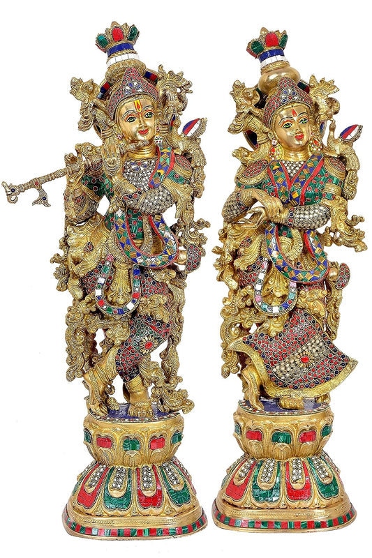 Brass Radha Krishna Murti with eye work (Height : 29 inches)