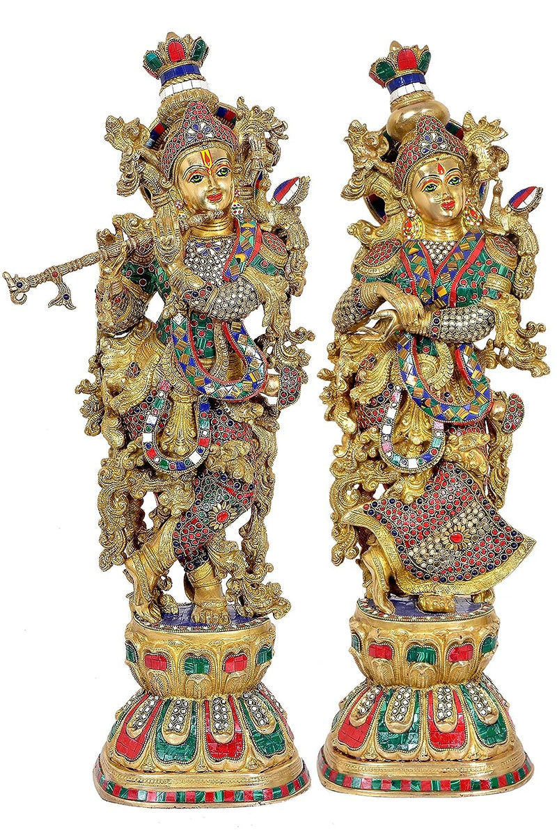 Brass Radha Krishna Murti with eye work (Height : 29 inches)