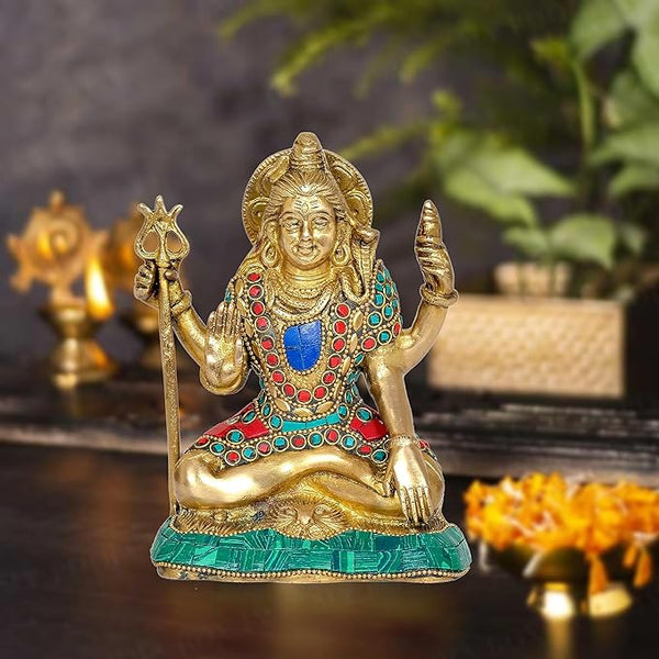 Brass Shiva Statue with Trident for Home Decor | Height : 7 Inches (Multi) Mandir Setting