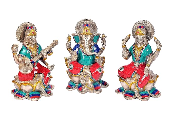 Brass Lakshmi Ganesha Saraswati Statue (Silver) (Height: 10inches)