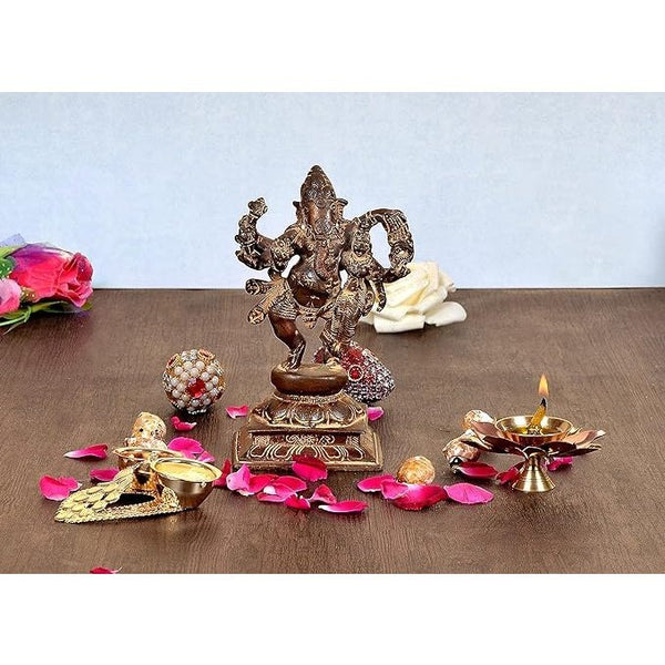 Brass Dancing Ganesha with Lakshmi Idol Ganesha Height 6.1 Inch Mandir Setting