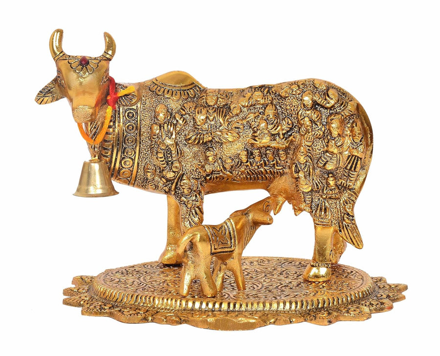 Metal Kamdhenu Cow with Calf for Home Decor Pooja Mandir Temple Office Decorative Showpiece Statue (Height: 6.5 Inch) Craft Detail