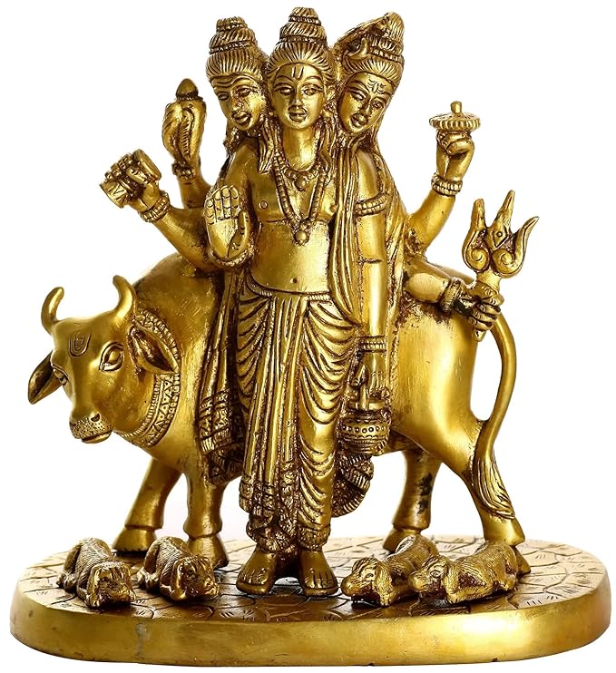 Brass Statue Hindu Trimurti Brahma Vishnu Mahesh Figurine Idol Dattatreya with Auspicious Cow : Lord Shiva Tridev for Home Temple Office Table Shop Height- 8 Inch Craft Detail