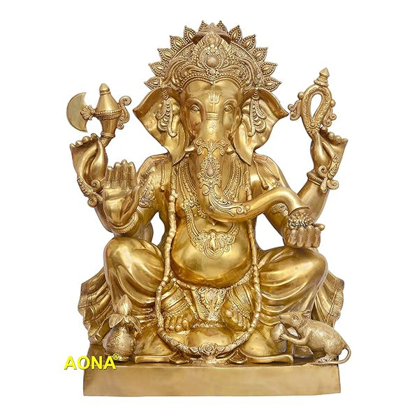 Brass Exquisite Large Lord Ganesha Sitting (Height: 31 Inches) Mandir Setting