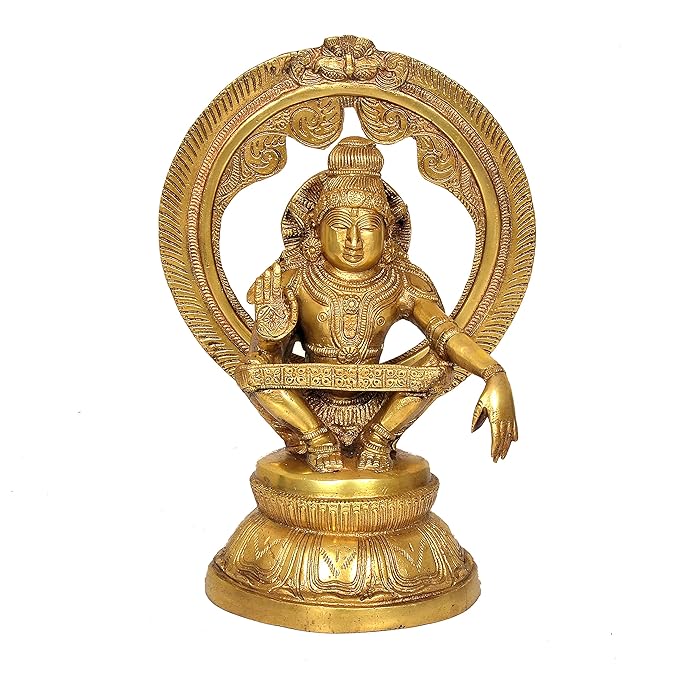 Seated Lord Ayyappan Brass Statue Carved Frame with Kirtimukha Gold Height 12 Inches Craft Detail