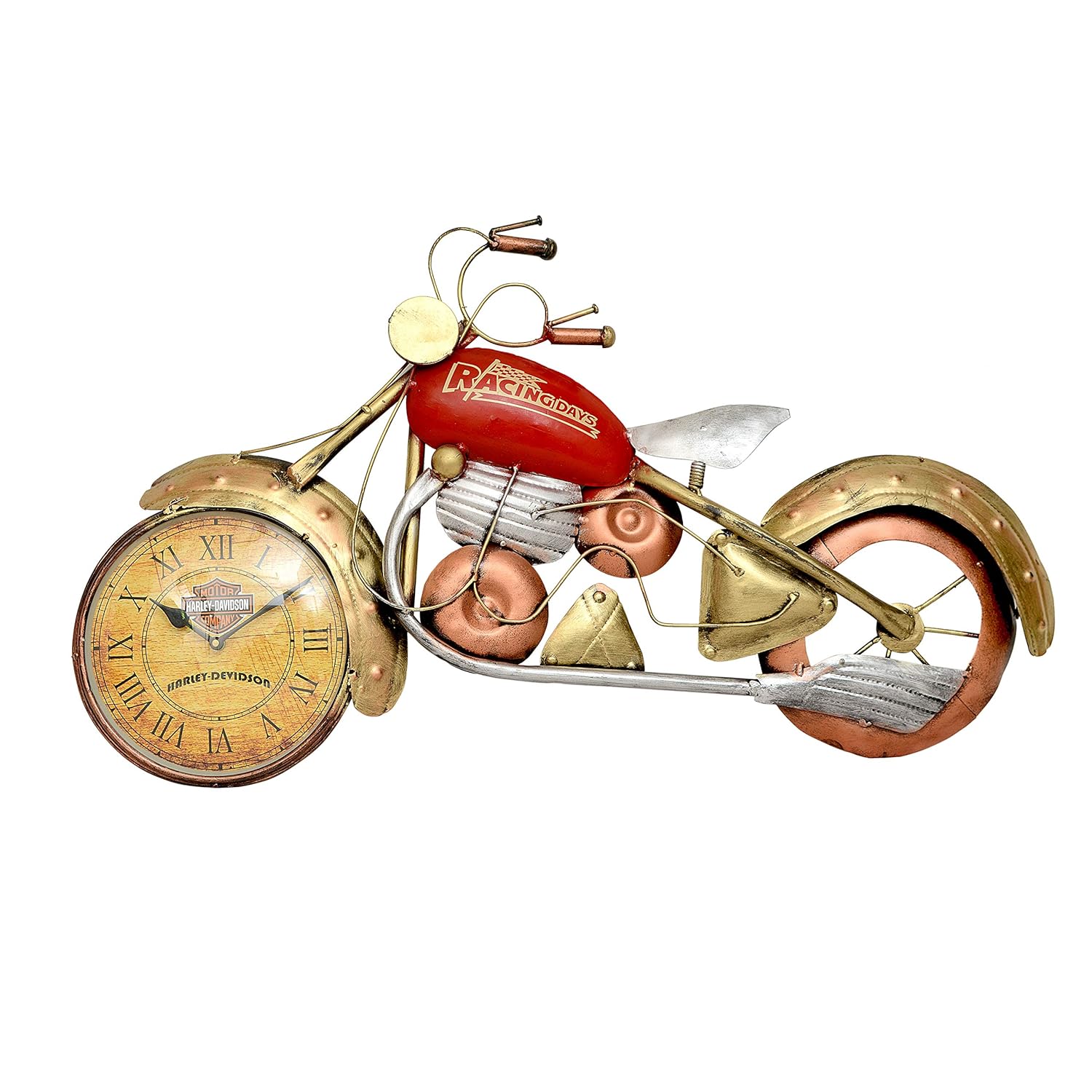 Iron Red and Golden Wrought Speed Bike Wall Clock (Height: 17 Inches)