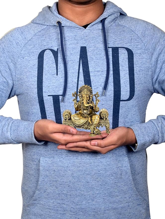 Brass Ganesha Statue Seated on a Throne (Height: 4 inches)