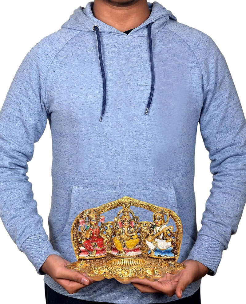 Metal Laxmi Ganesh Saraswati Idol Diya Oil Lamp Deepak with Hand Painting (Height: 5 Inch)