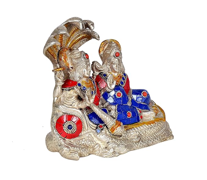 Brass Vishnu Lakshmi Sitting on SheshNaag Idol (Height: 6.4 Inches)