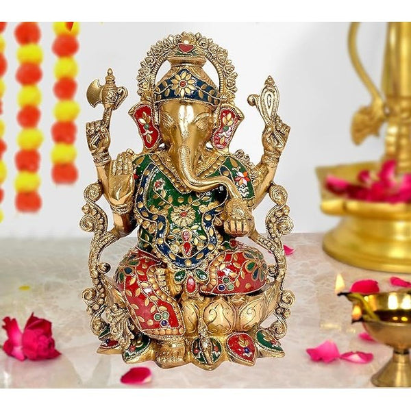 Brass Ganpati On Lotus (Height : 12 Inches) Mandir Setting