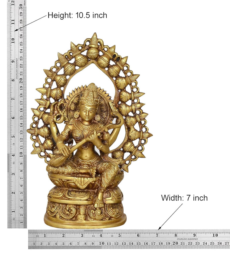 Brass Maa Saraswati Statue Handcrafted Hindu Goddess Saraswati Idol for Home Decor and Pooja Statue (Height 10.5 Inch)