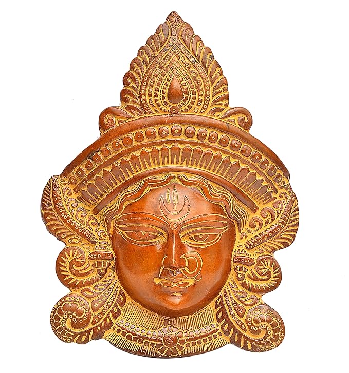 Brass Maa Durga Face Mask Wall Hanging Religious Figurine for Home and Office Wall Decor Showpiece Dust Brown Height 11 Inches Craft Detail