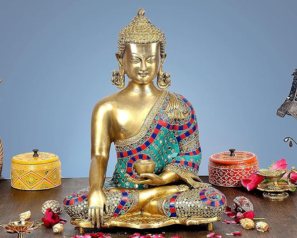 Brass Buddha Statue earth touching pose (Height 16 Inches) Mandir Setting