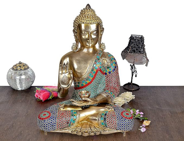 Brass Buddha Idol Abhaya Mudra (Height: 16 inches) Mandir Setting