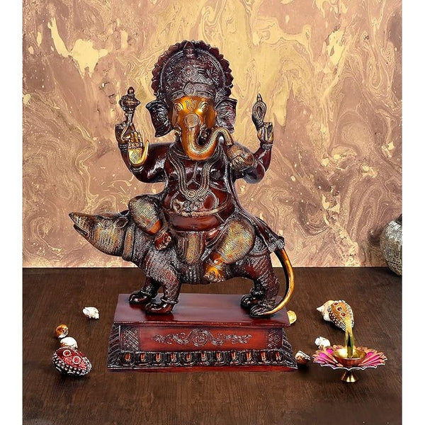 Brass Lord Ganesha Sitting On Mouse (Height 20 Inches) maroon Mandir Setting