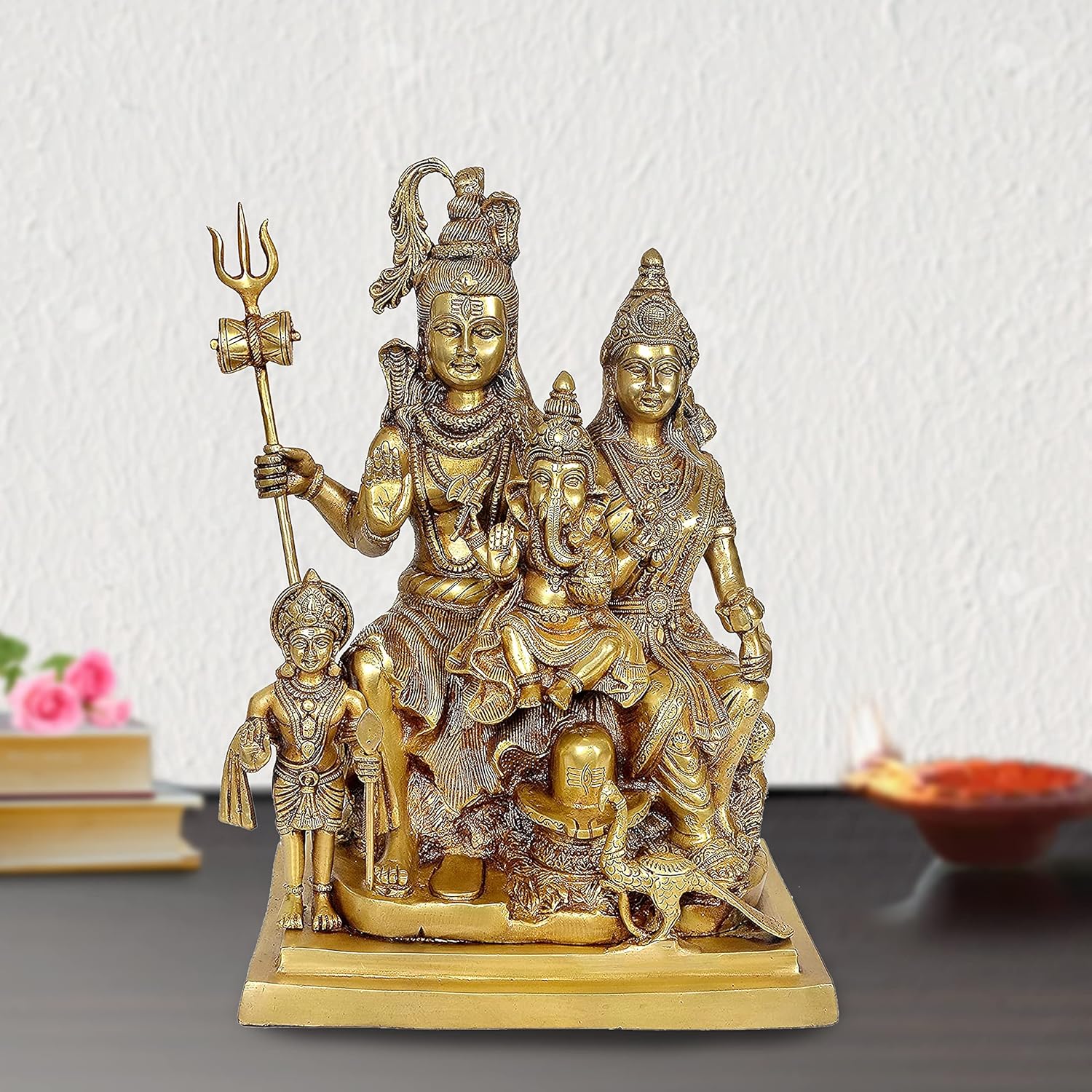 AONA Brass Handcrafted Shankar Bhagwan Family Statue Mahadev, Parvati, Ganesha, Kartikeya & Nandi Murti for Pooja & Home Decor