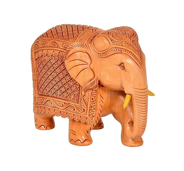 Elephant Wooden Statue in Trunk Down Pose for Home Decor | Height : 4 inches (Medium, 1) Study Setting
